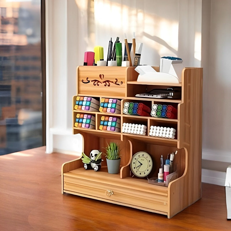 Contemporary Wooden Desk Organizer with Integrated Drawer
