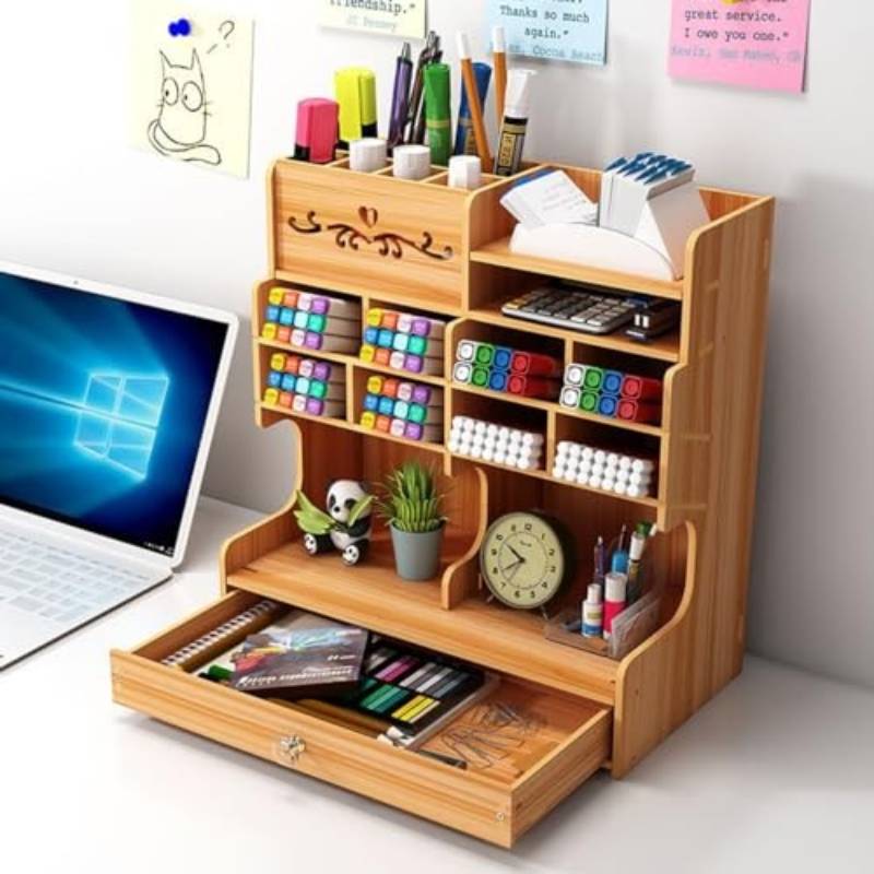 Contemporary Wooden Desk Organizer with Integrated Drawer
