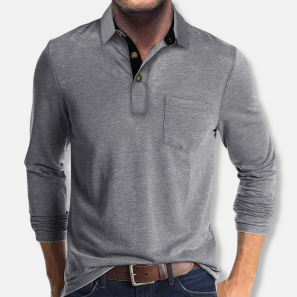 Men's Polo with Long Sleeves – Regular Fit – Chest Pocket – Ribbed Cuffs