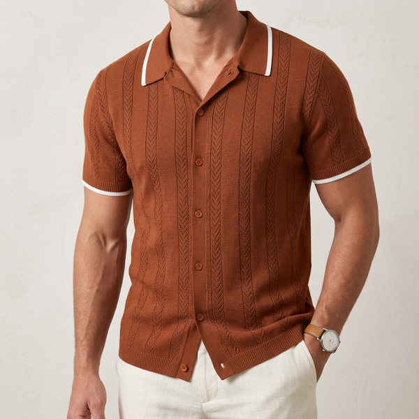 Textured Vertical Knit with Spread Collar and Contrast Trim