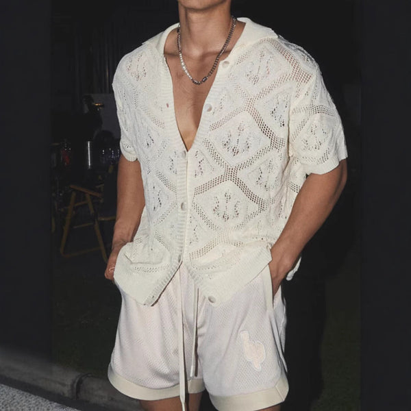 Men's Cardigan – Oversized Fit – Lace Mesh Openwork – Short Sleeve – V-neck