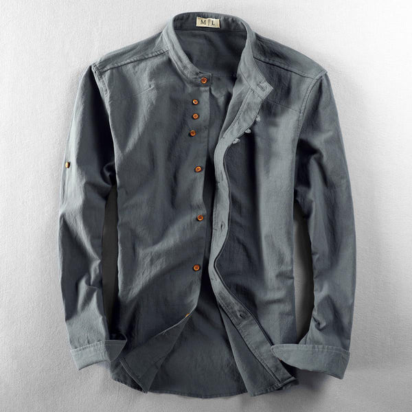 Relaxed Band Collar Shirt with Roll-Tab Sleeves