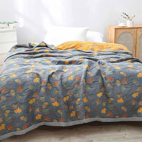 Cotton Throw Blanket with Ginkgo Leaf Design