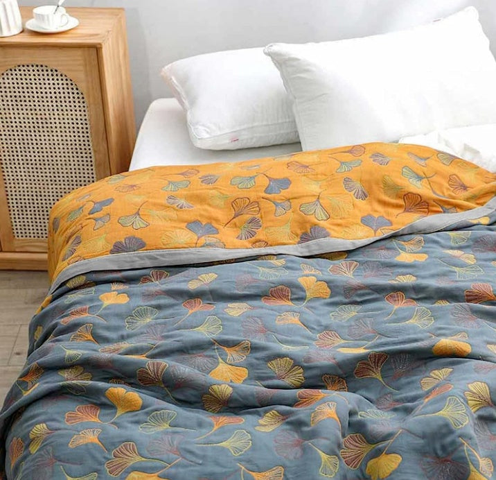 Cotton Throw Blanket with Ginkgo Leaf Design
