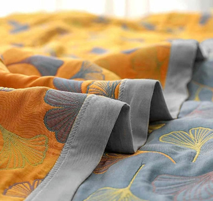 Cotton Throw Blanket with Ginkgo Leaf Design