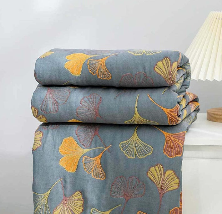 Cotton Throw Blanket with Ginkgo Leaf Design