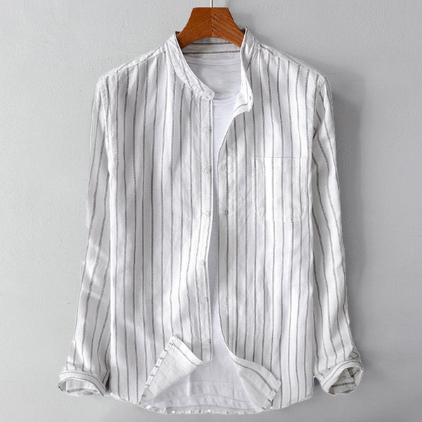 Relaxed-Fit Striped Button-Up Shirt with Band Collar