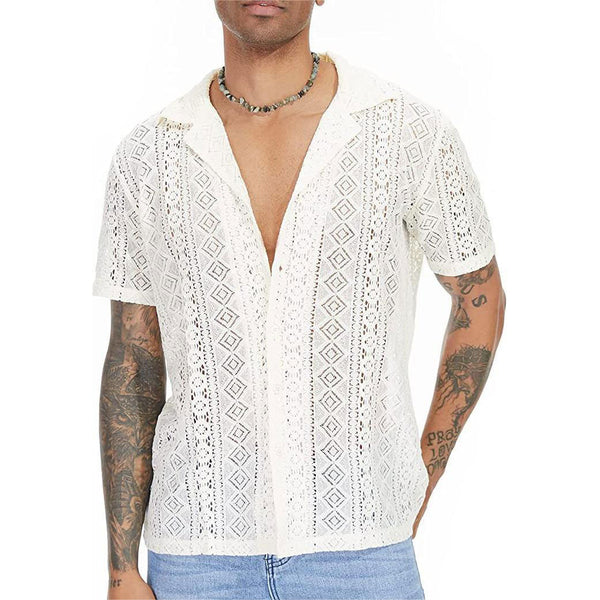 Men's lace shirt - short sleeves with button closure - see-through